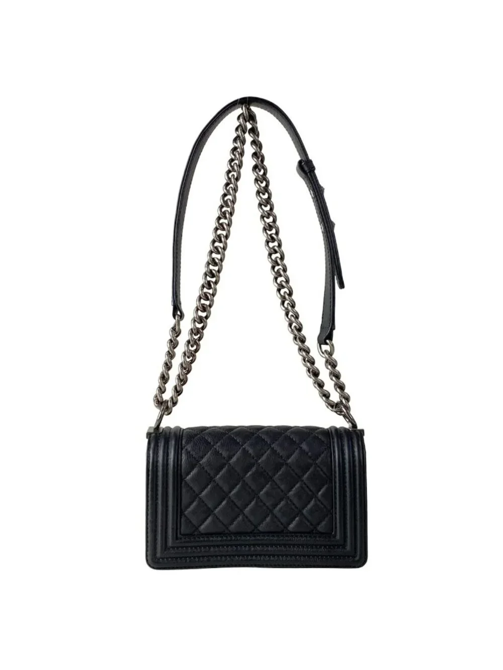 Chanel Shoulder Bag Boy Black Chain Vintage Silver Leather
